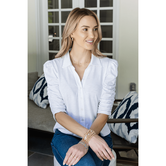 erin gray - Grace Button-Up Elbow-Length Tee in White