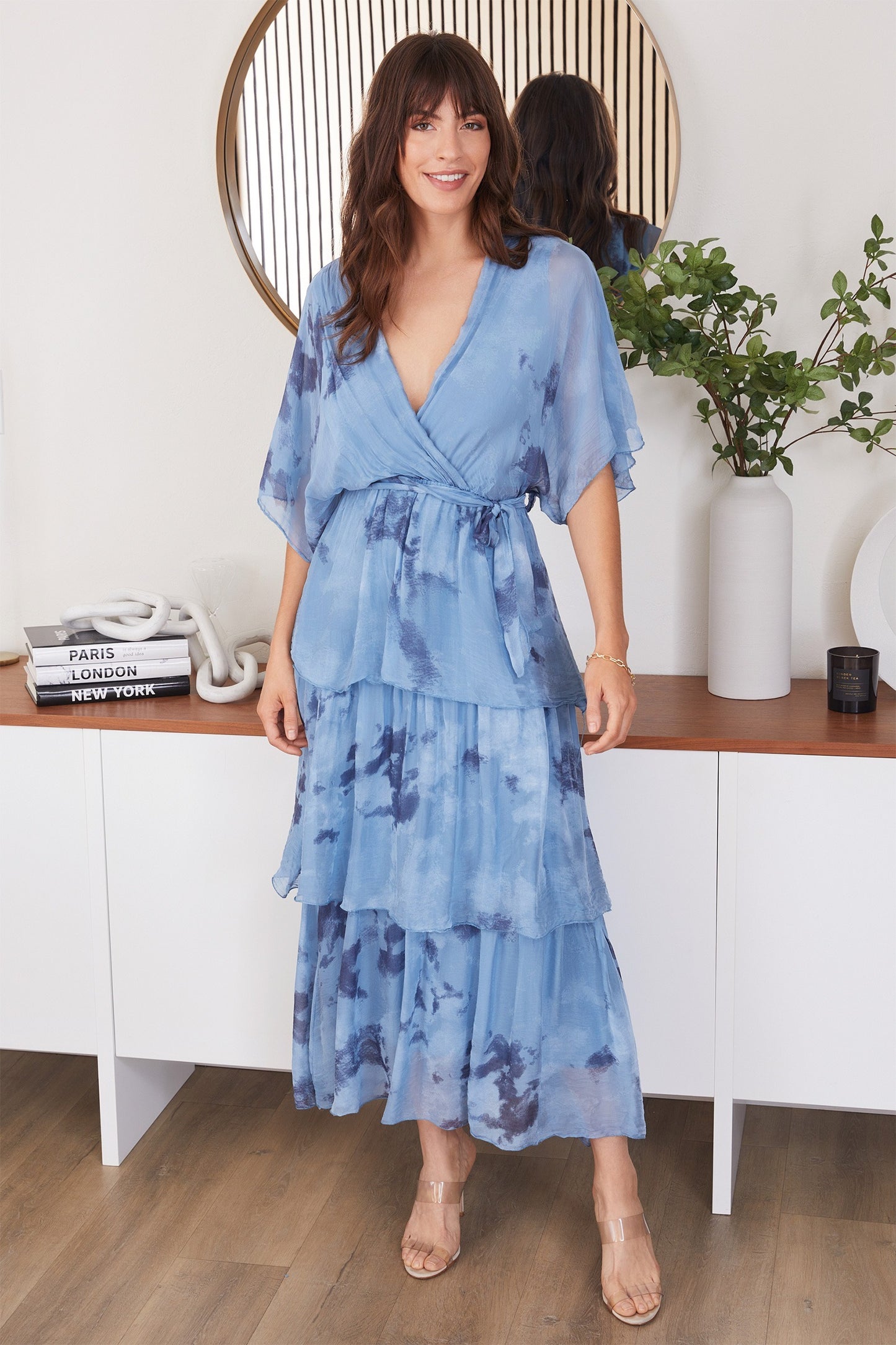 Milio Milano Spatter Print Empire Waist Tiered Silk Dress Denim Blue
