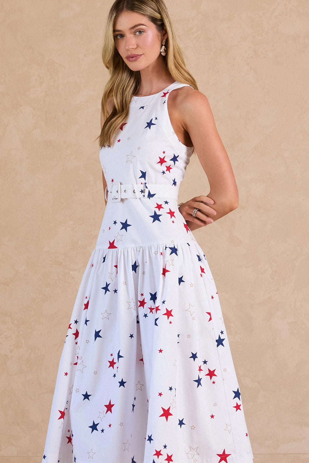 Current Air - Star Print Halter Neck Sleeveless A-Line Midi Dress w/Buckle Belt