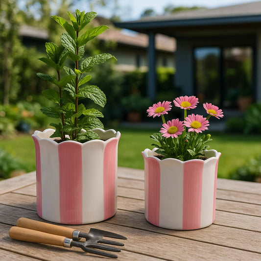 Sagebrook Home - Planters Set of 2 - Pink Ceramic Striped Scallop, 6/8 in.