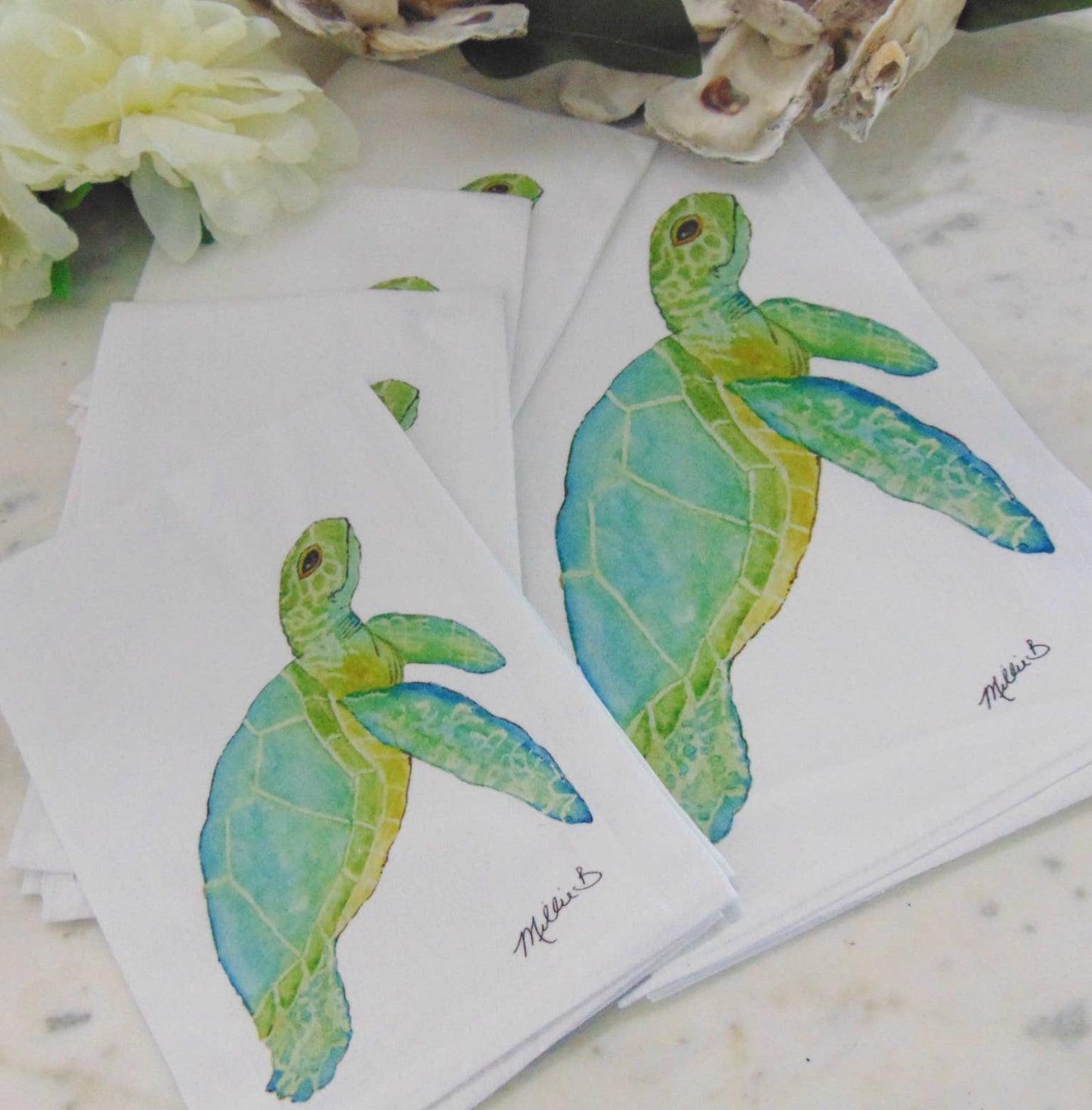 Lowcountry Linens - Limited Edition Aqua Sea Turtle Flour Sack Napkins