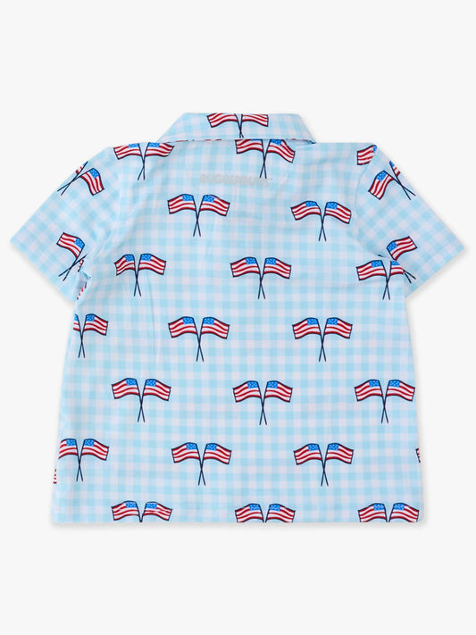 RuffleButts + RuggedButts - Boys Blue Patriotic Gingham Knit Short Sleeve Performance Polo