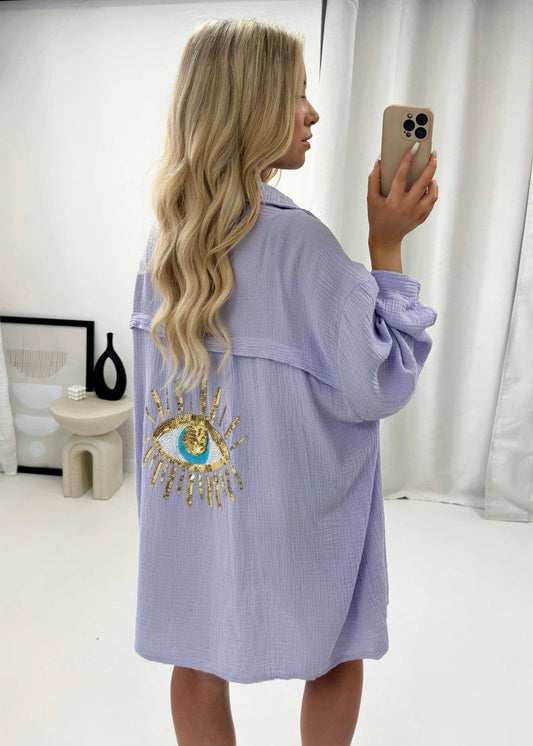 LOOWIE - Purple Oversized Evil Eye Gauze Cotton Shirt