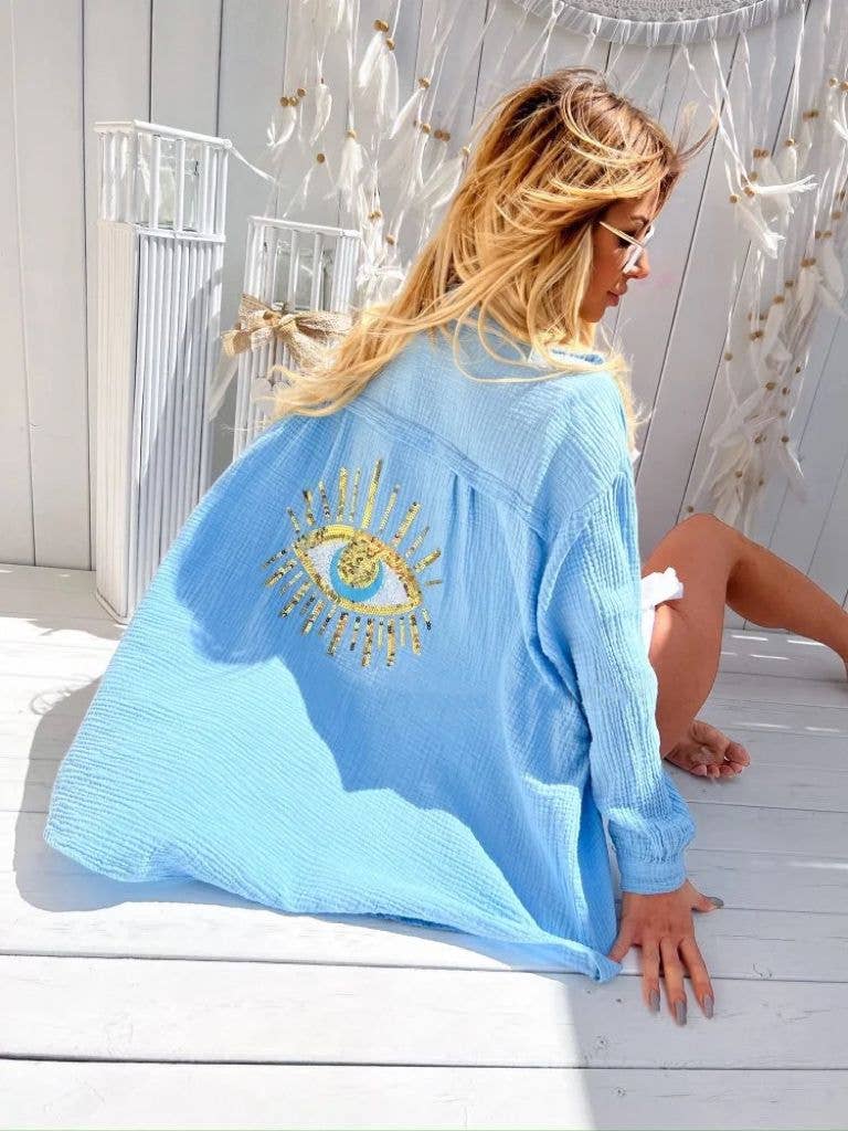 LOOWIE - E27 Baby Blue Oversized Evil Eye Gauze Cotton Button Shirt