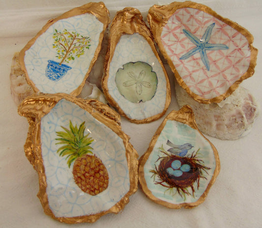 Lowcountry Linens - Designer Oyster Shell Jewelry Bowl Watercolor Starfish