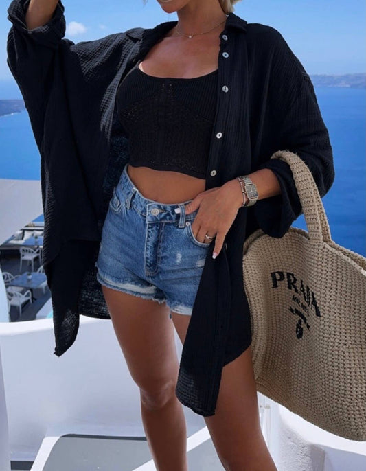 LOOWIE - Black Oversized Evil Eye Gauze Cotton Button Shirt