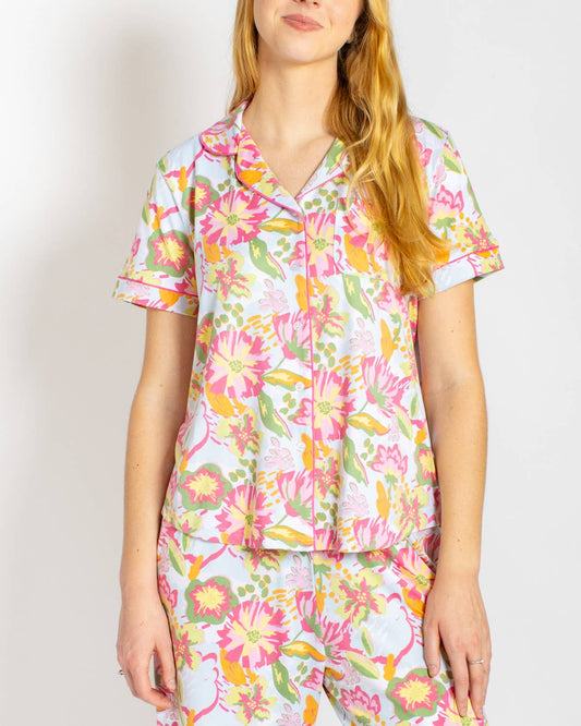 The Royal Standard - Summer Bouquet Short Sleeve Button Up Sleep Shirt Pink/Blue/Multi