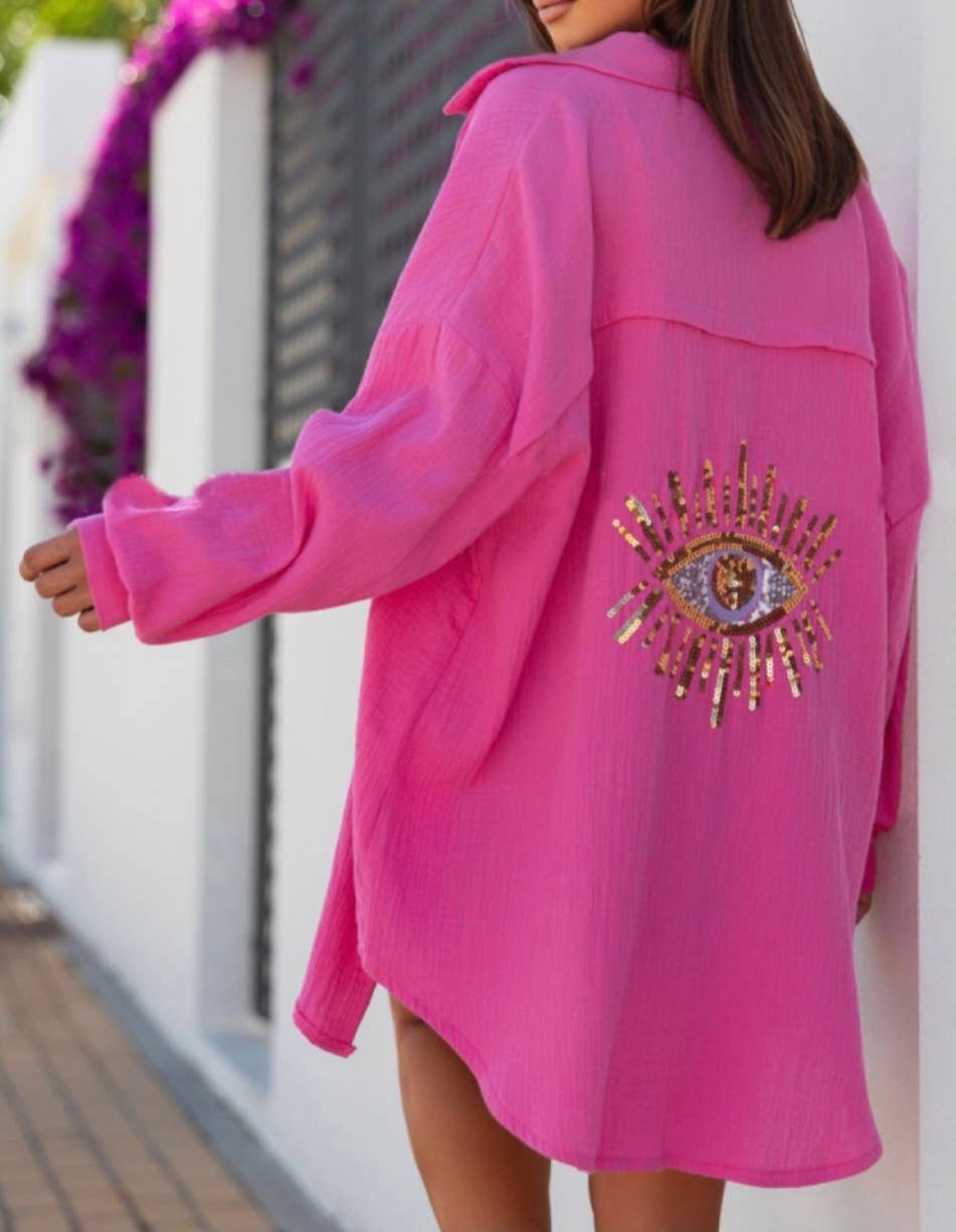 LOOWIE - Barbie Pink Oversized Evil Eye Gauze Cotton Shirt