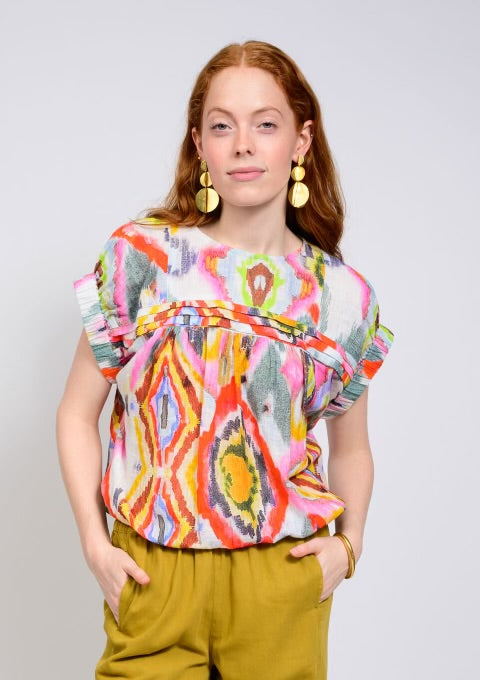 Ivy Jane- Elastic Waist Popover Top- Multi color
