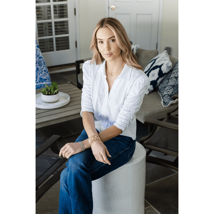 erin gray - Grace Button-Up Elbow-Length Tee in White