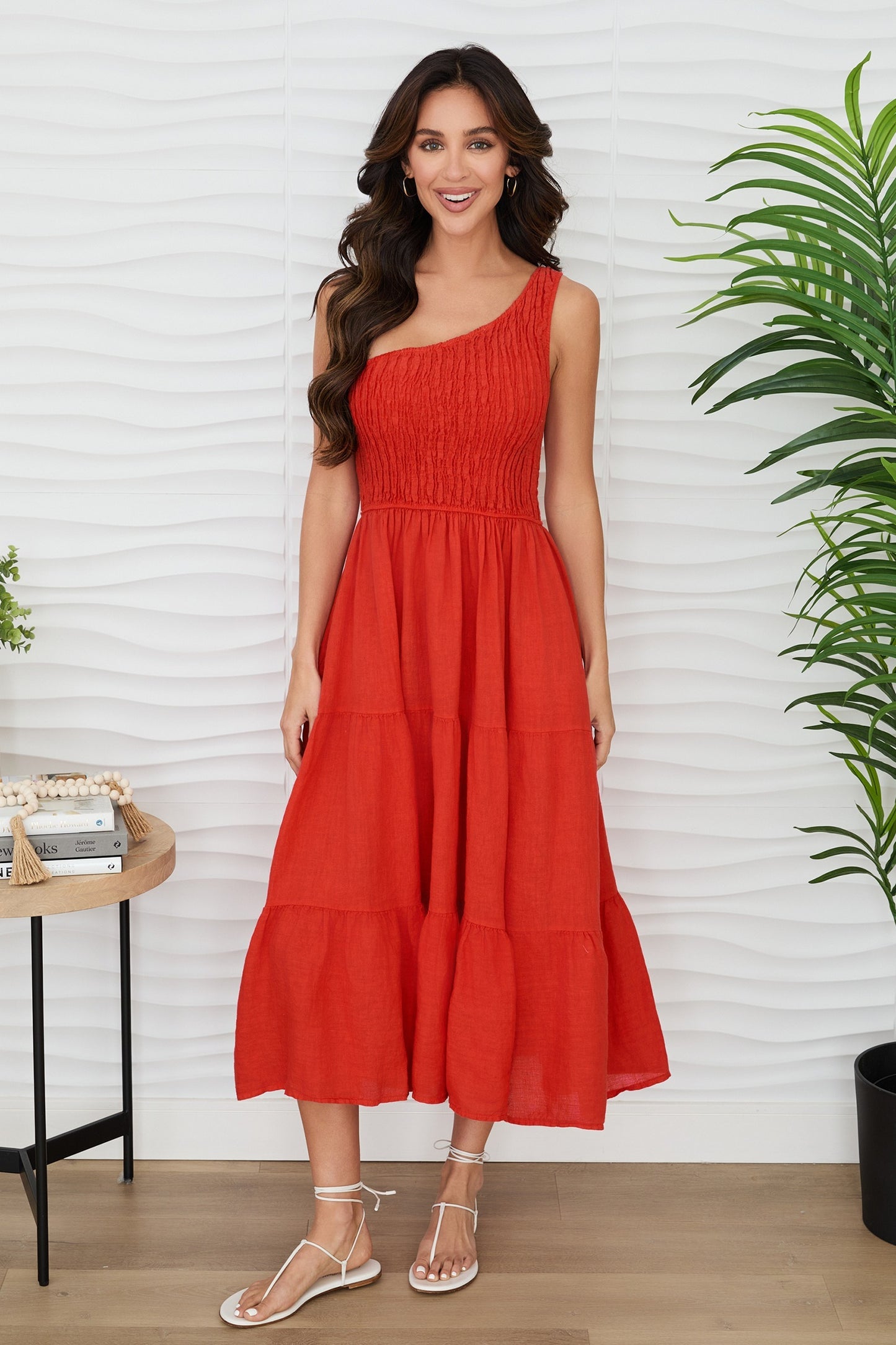 Milio Milano Shirred Tiered Red Flame Dress