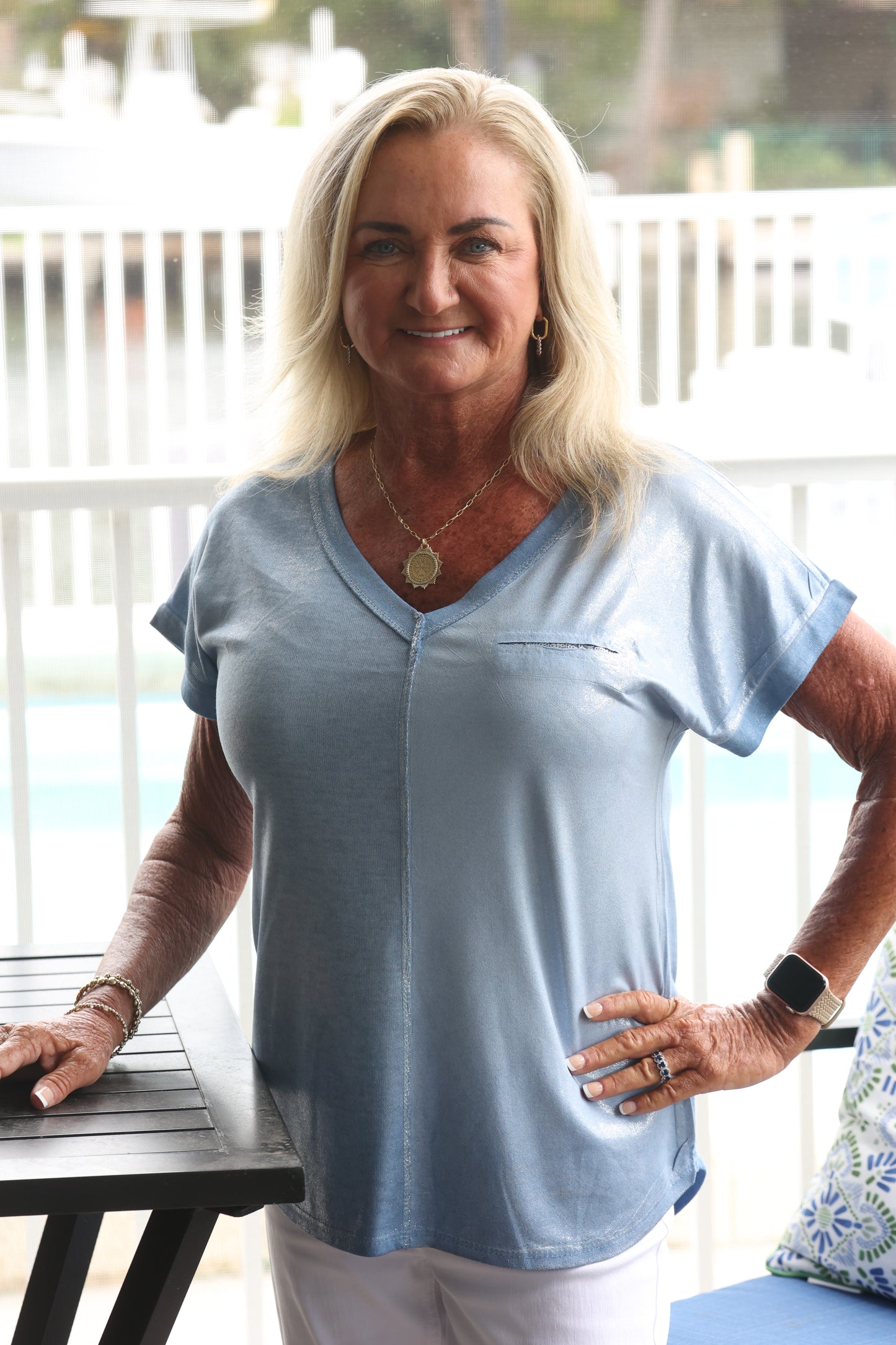 urban Mangoz - Shimmer V Neck Short Sleeve Top