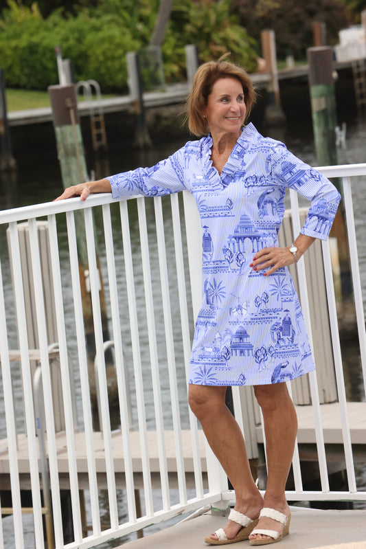 Kenny Dana - Cabana Stripe Blue Tonal - 3/4 sleeve Portrait Collar Dress