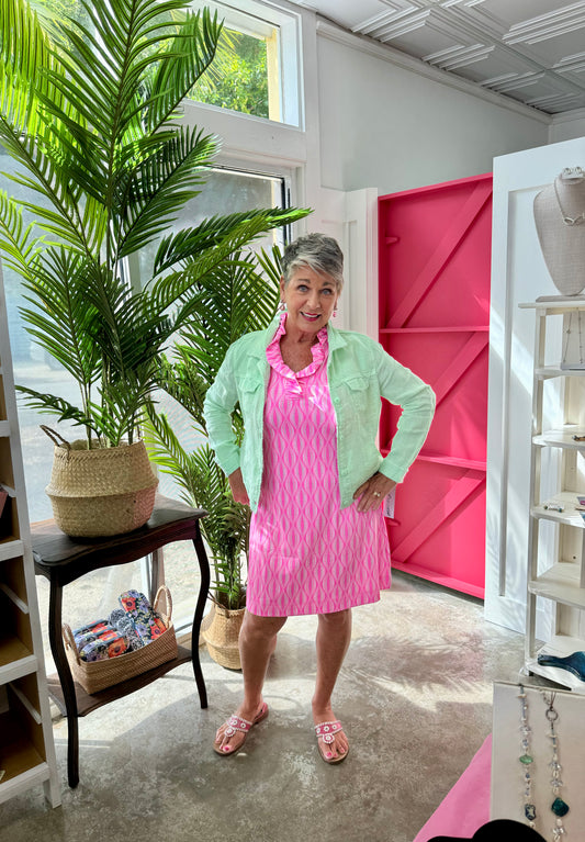 Lulu-B Ruffled V-Neck Ruffle Sleeveless Dress in Palm Beach