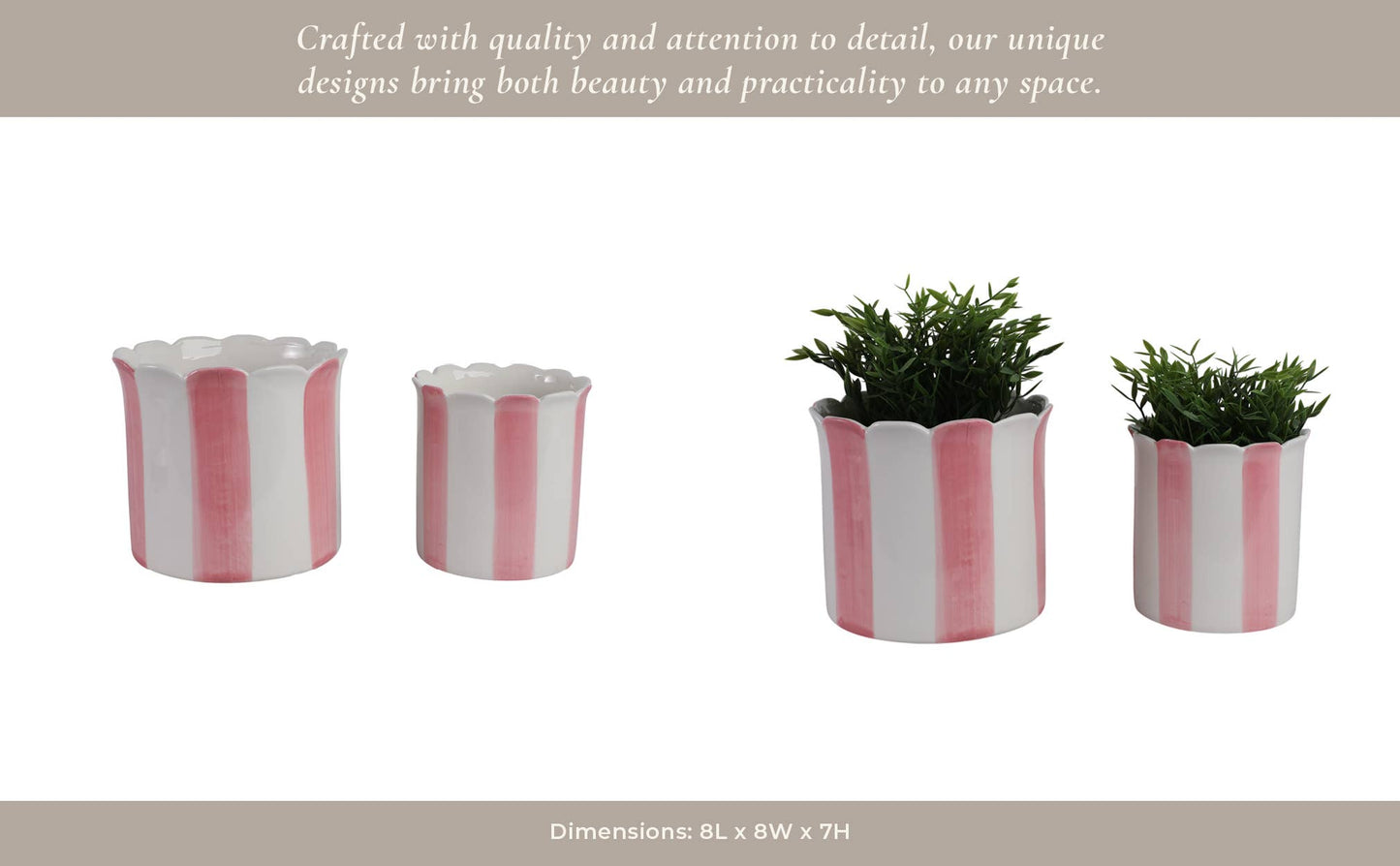 Sagebrook Home - Planters Set of 2 - Pink Ceramic Striped Scallop, 6/8 in.