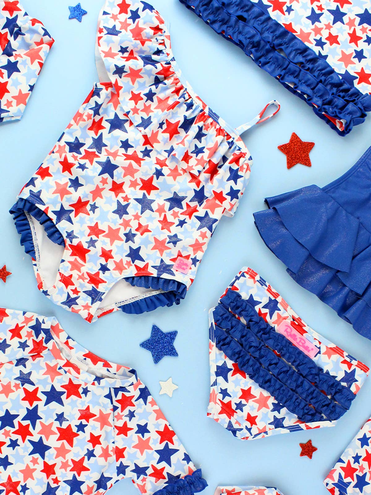 RuffleButts + RuggedButts - Girls Shimmer Star-Spangled Cross-Back One Piece Swimsuit