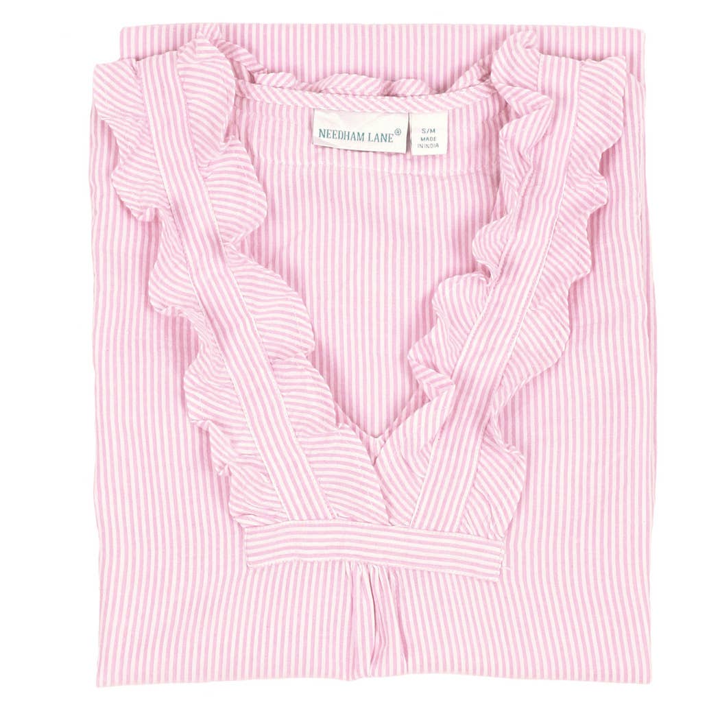 Needham Lane - Pink Seersucker ~ Long Sleeve Ruffled Nightshirt