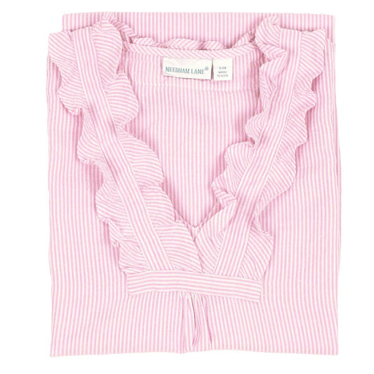 Needham Lane - Pink Seersucker ~ Long Sleeve Ruffled Nightshirt