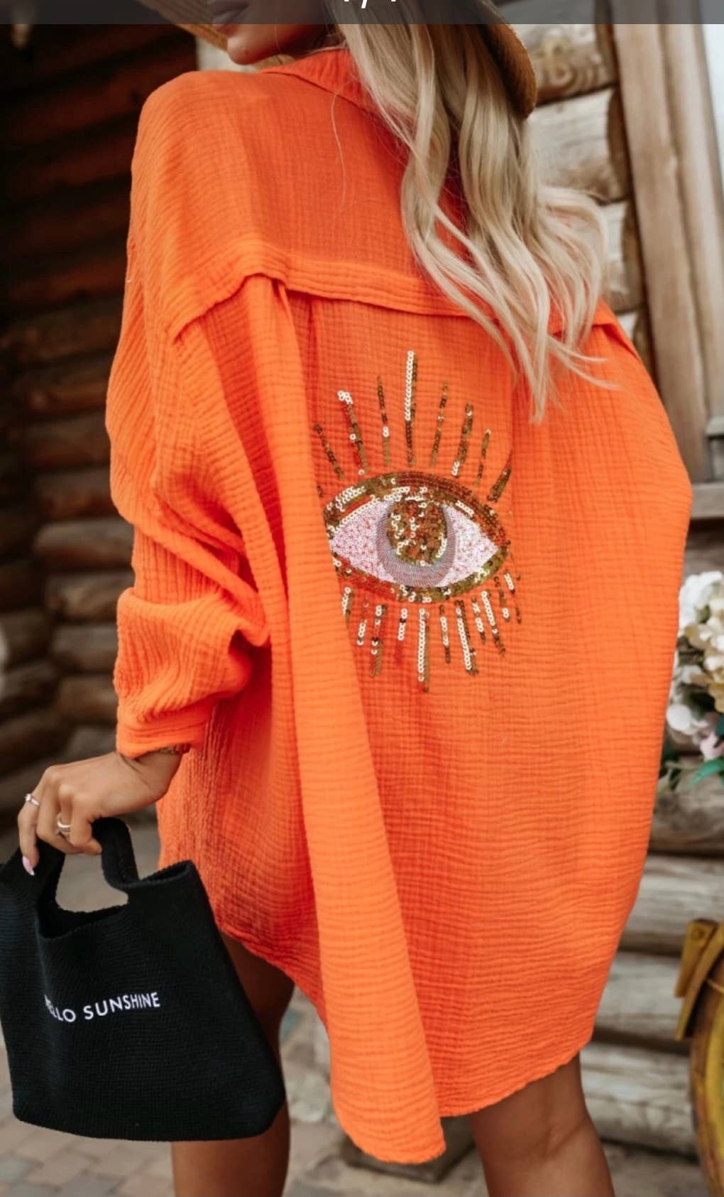 LOOWIE - Orange Oversized Evil Eye Gauze Cotton Button Shirt