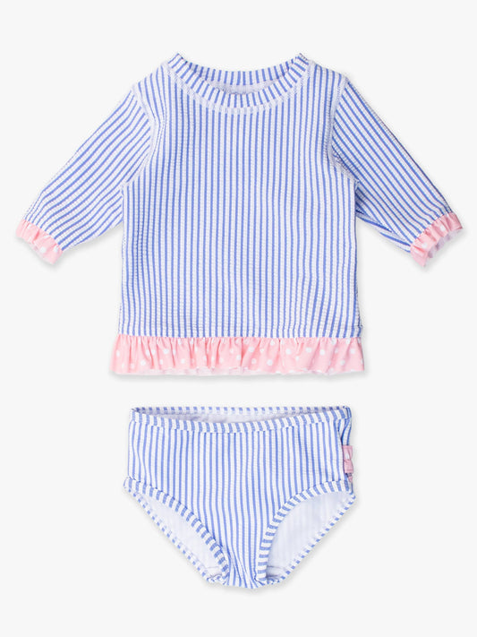 RuffleButts + RuggedButts - Girls Periwinkle Blue Seersucker Short Sleeve Ruffle Rash Guard 2-Piece Swimsuit with Signature Rear Ruffles