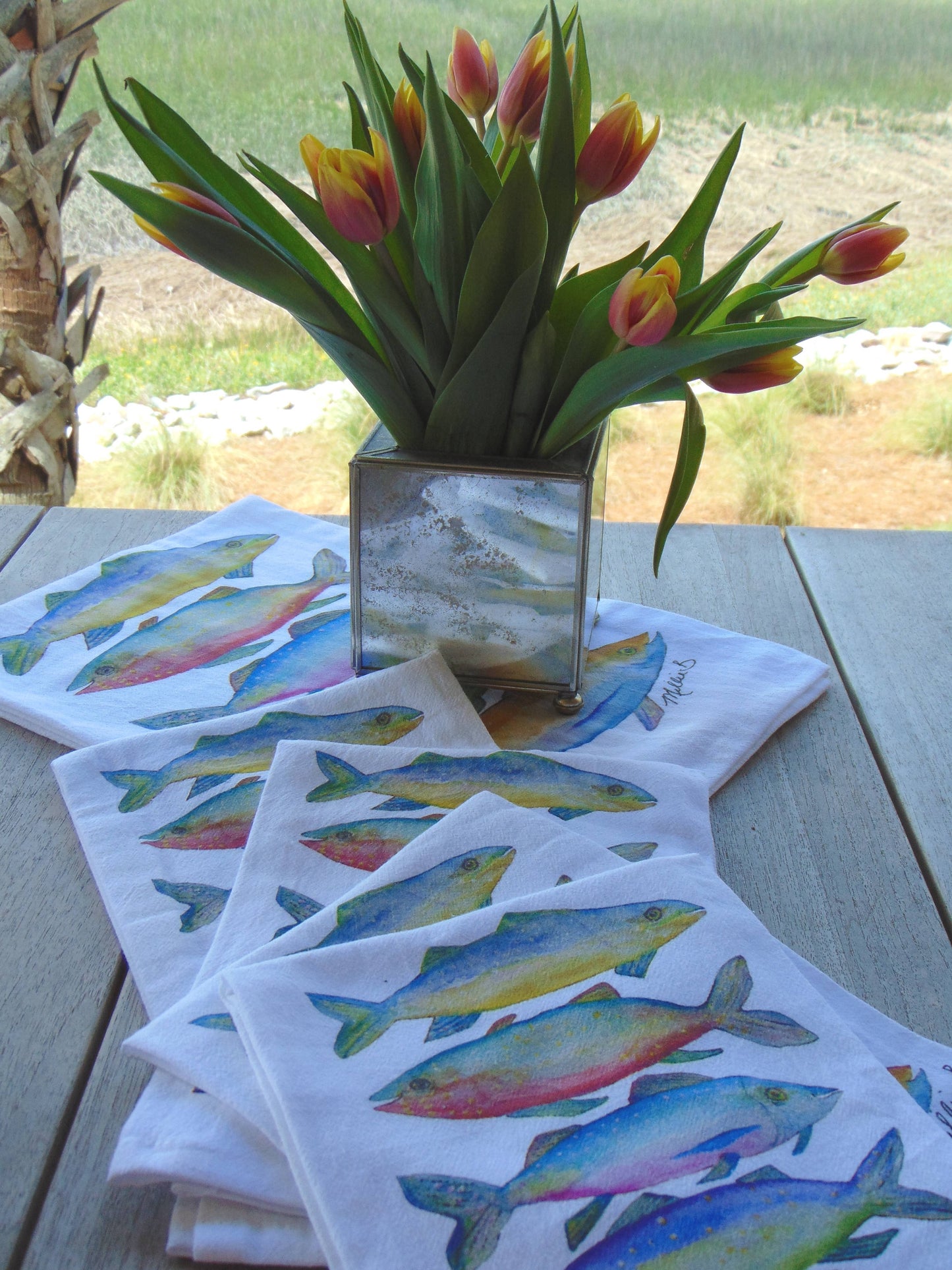 Lowcountry Linens - Limited Edition Fishies on White Flour Sack Towel