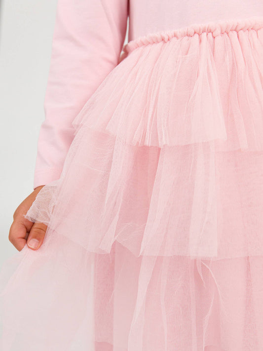 RuffleButts + RuggedButts - Girls Pink Flutter Tulle Long Sleeve Twirl Dress