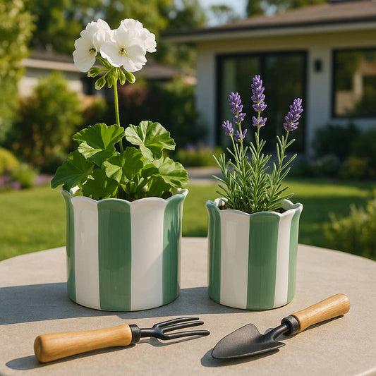 Sagebrook Home - Planters Set of 2 - Green/White Ceramic Striped, 6/8 in.
