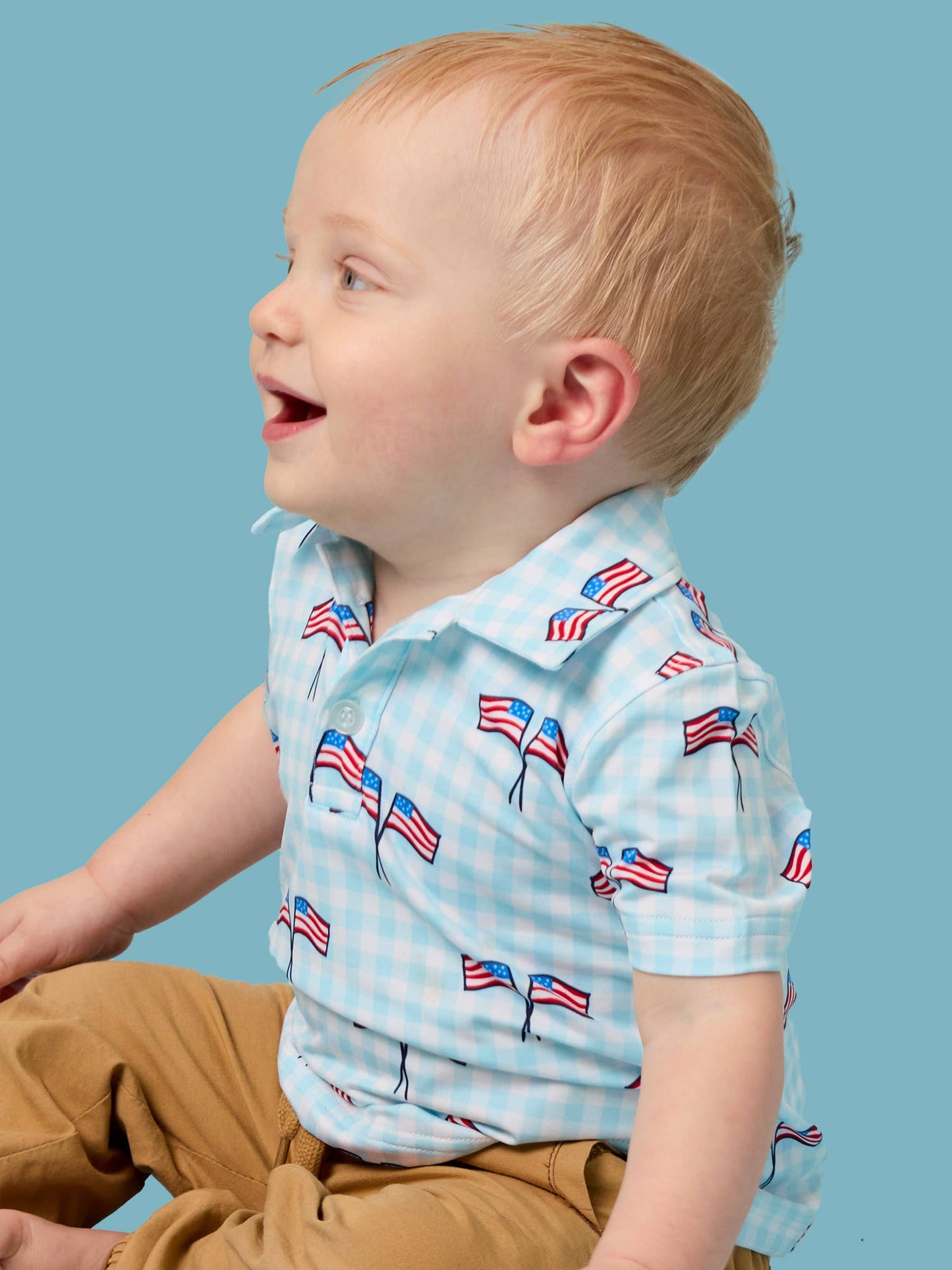 RuffleButts + RuggedButts - Boys Blue Patriotic Gingham Knit Short Sleeve Performance Polo