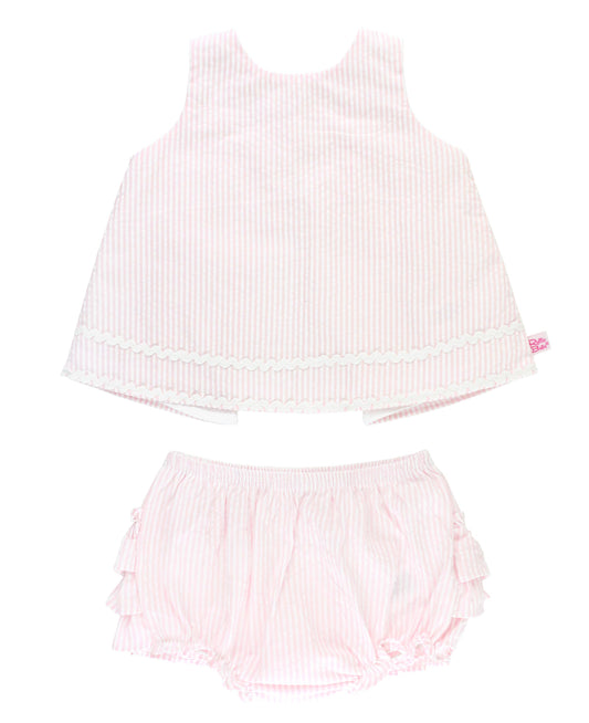 RuffleButts + RuggedButts - Baby Girls Pink Seersucker Ric Rac Swing Top & Bloomer Set