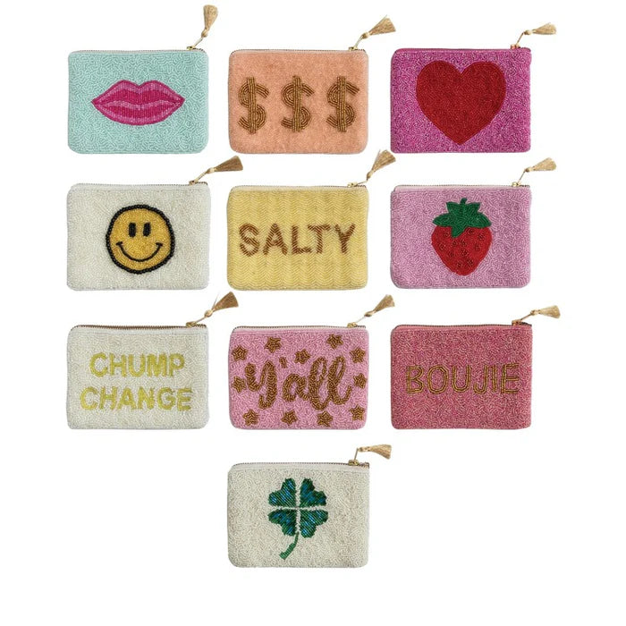 Beaded Cotton Blend Zip Pouch