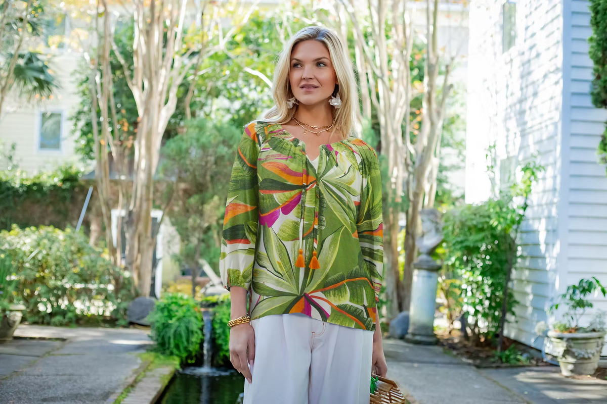 La mer luxe- Multi Abstract Leaves- 3/4 slv Emily Top