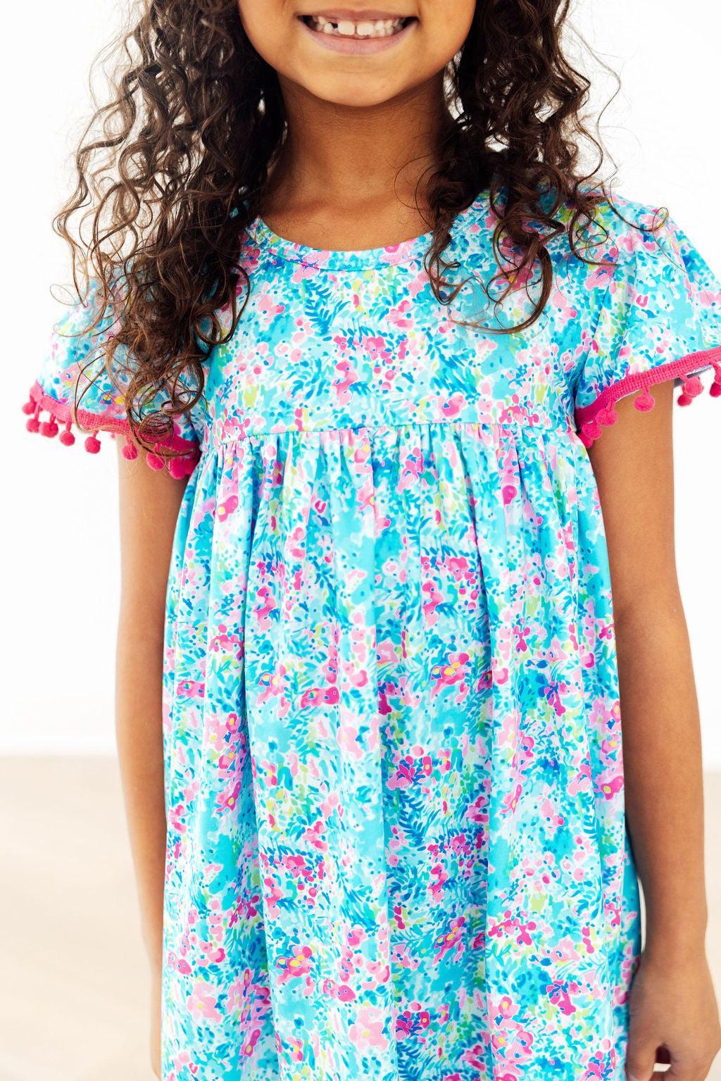Mila & Rose - Aqua Garden Pom Pom Toddler/ Girls Dress