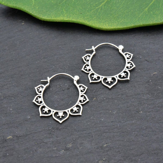 Silver lotus decorated drop hoop earrings - SSE084