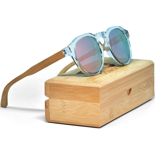 Bamboo Panto Sunglasses Clear Frame Pink Mirrorred Lenses