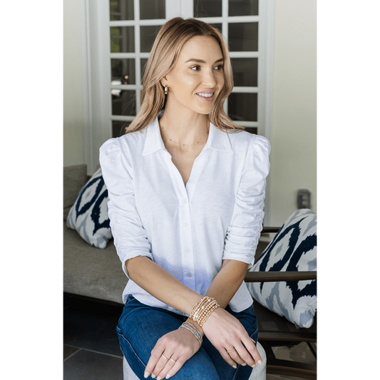 erin gray - Grace Button-Up Elbow-Length Tee in White