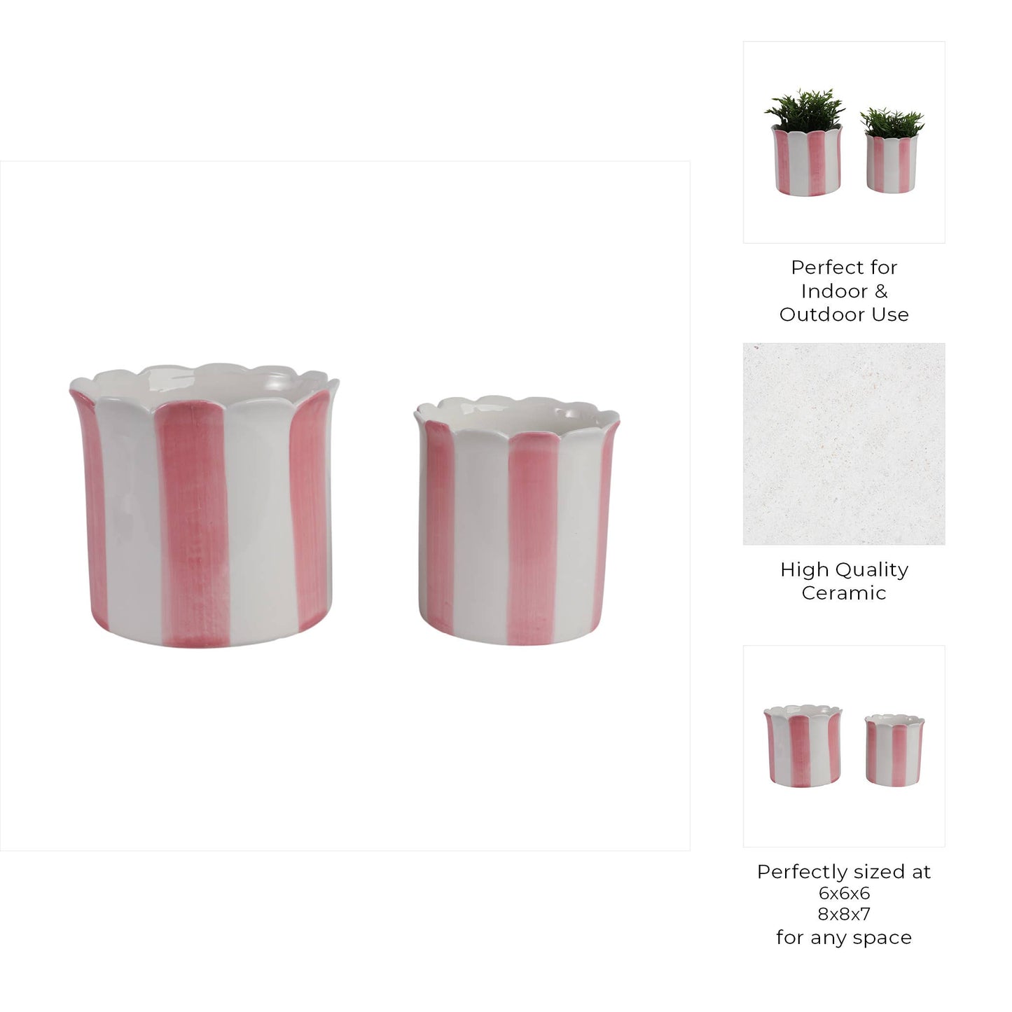 Sagebrook Home - Planters Set of 2 - Pink Ceramic Striped Scallop, 6/8 in.