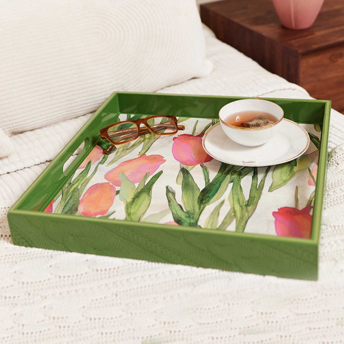 PINK TULIPS 15 Inch Square Tray