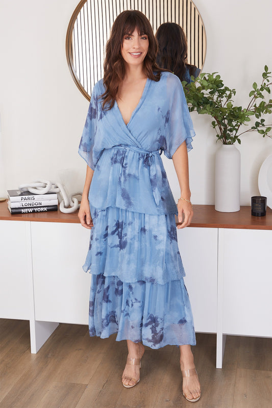 Milio Milano Spatter Print Empire Waist Tiered Silk Dress Denim Blue