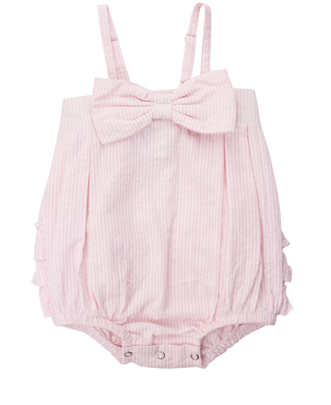 RuffleButts + RuggedButts - Baby Girls Pink Seersucker Bow Front Bubble Woven Romper