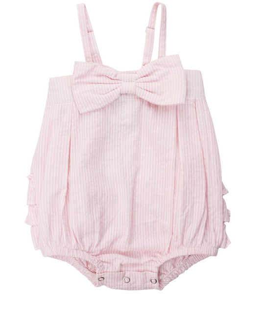 RuffleButts + RuggedButts - Baby Girls Pink Seersucker Bow Front Bubble Woven Romper