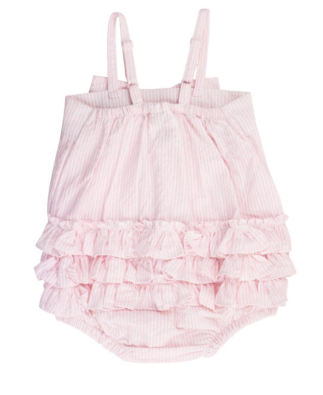 RuffleButts + RuggedButts - Baby Girls Pink Seersucker Bow Front Bubble Woven Romper