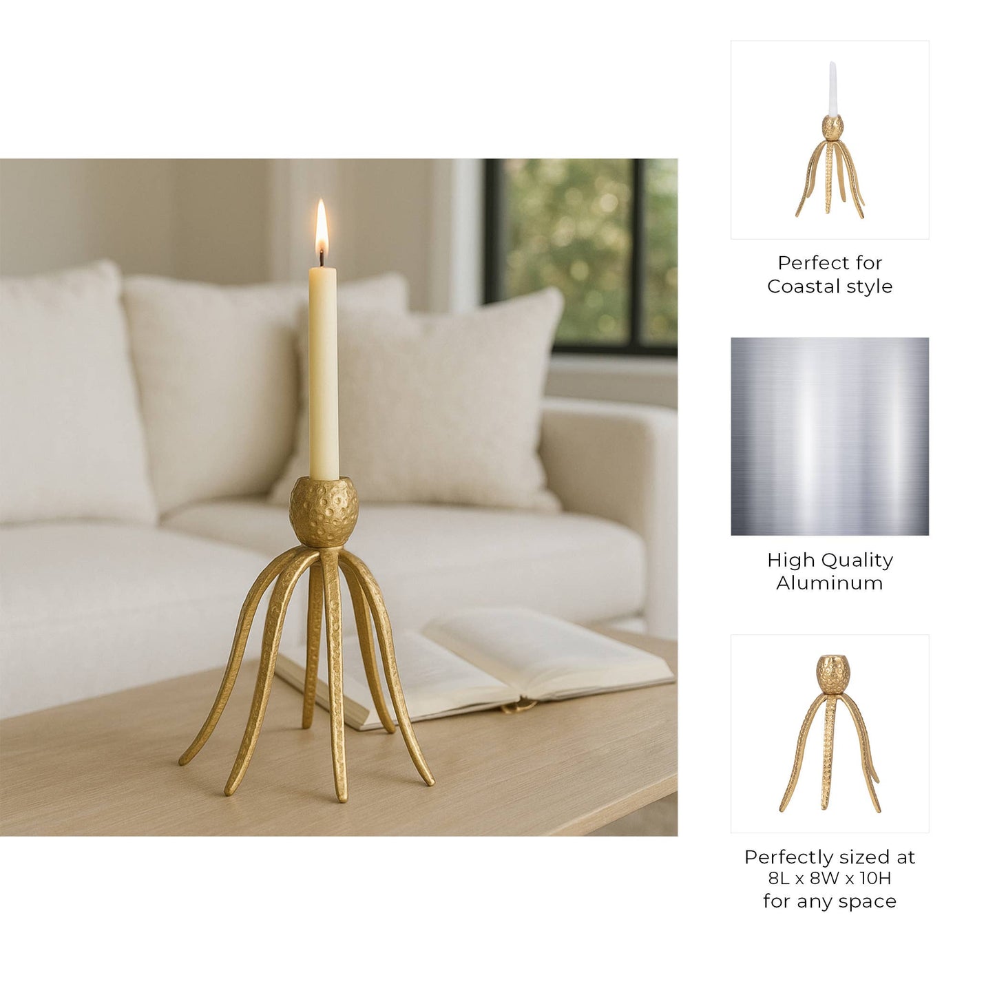 Sagebrook Home - Candle Holder - Gold Metal Coastal Octopus Taper, 10 in.