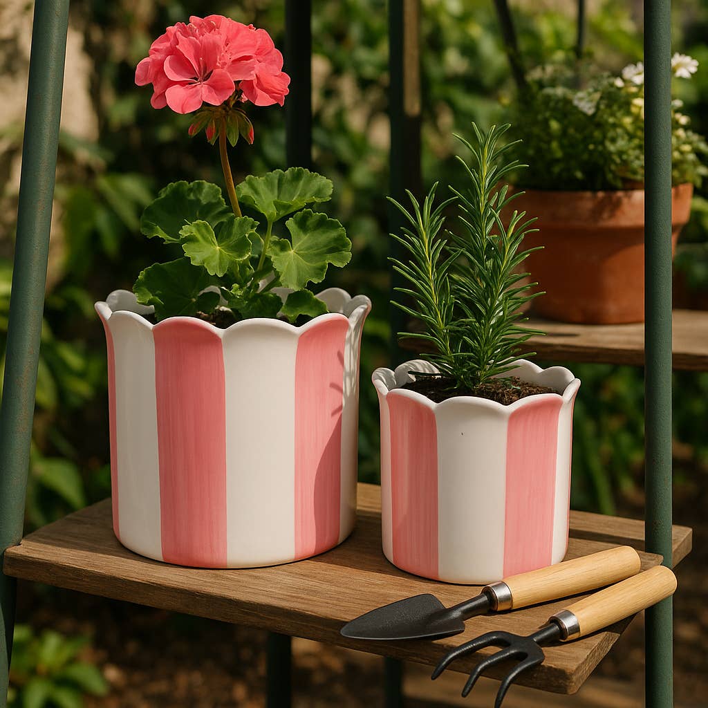 Sagebrook Home - Planters Set of 2 - Pink Ceramic Striped Scallop, 6/8 in.
