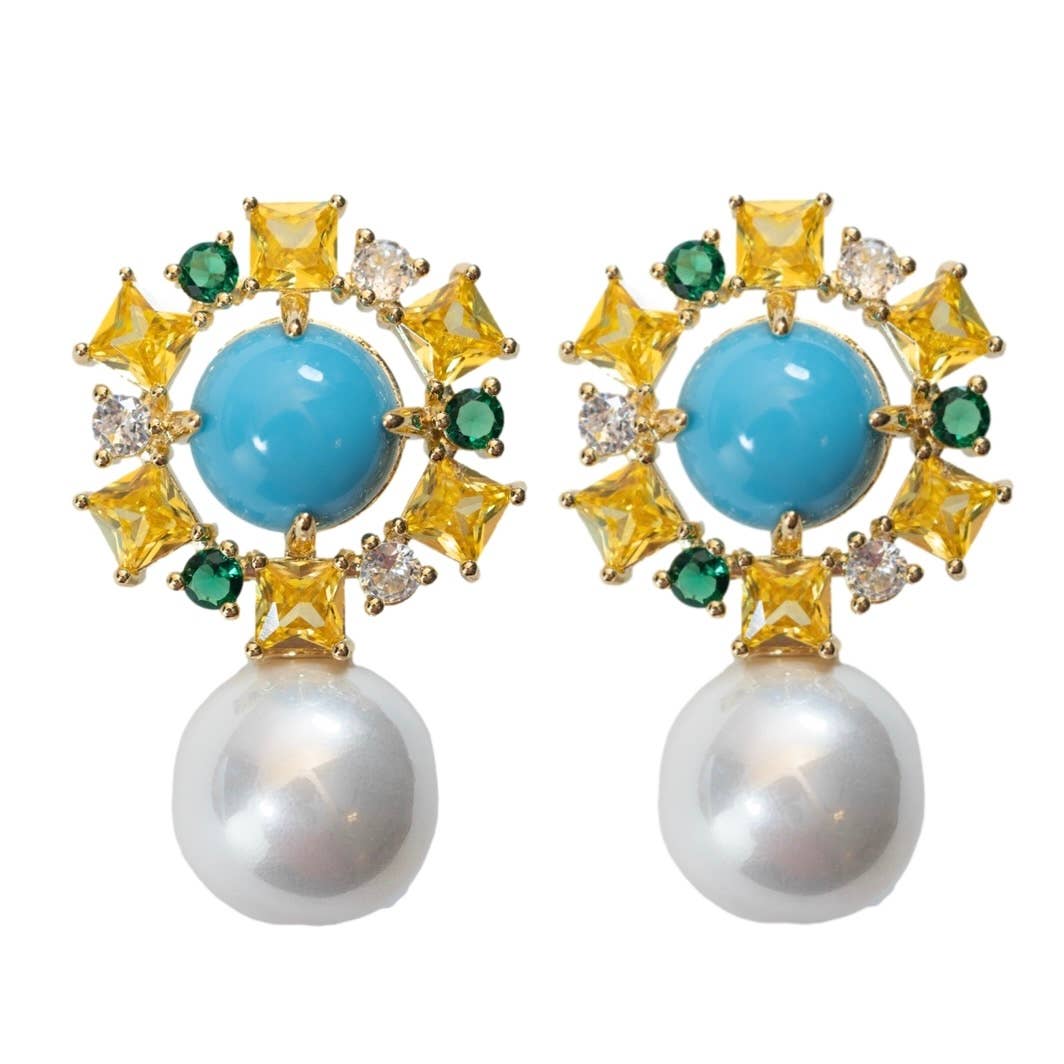 St Armands Designs of Sarasota - Palm Beach Glam Vintage Pearl Turquoise Statement Earrings