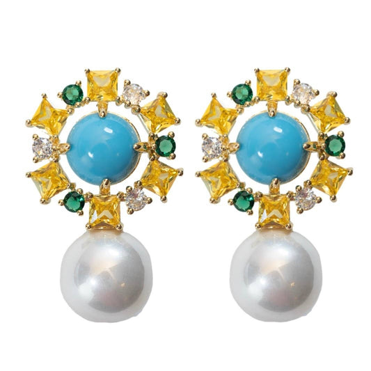 St Armands Designs of Sarasota - Palm Beach Glam Vintage Pearl Turquoise Statement Earrings