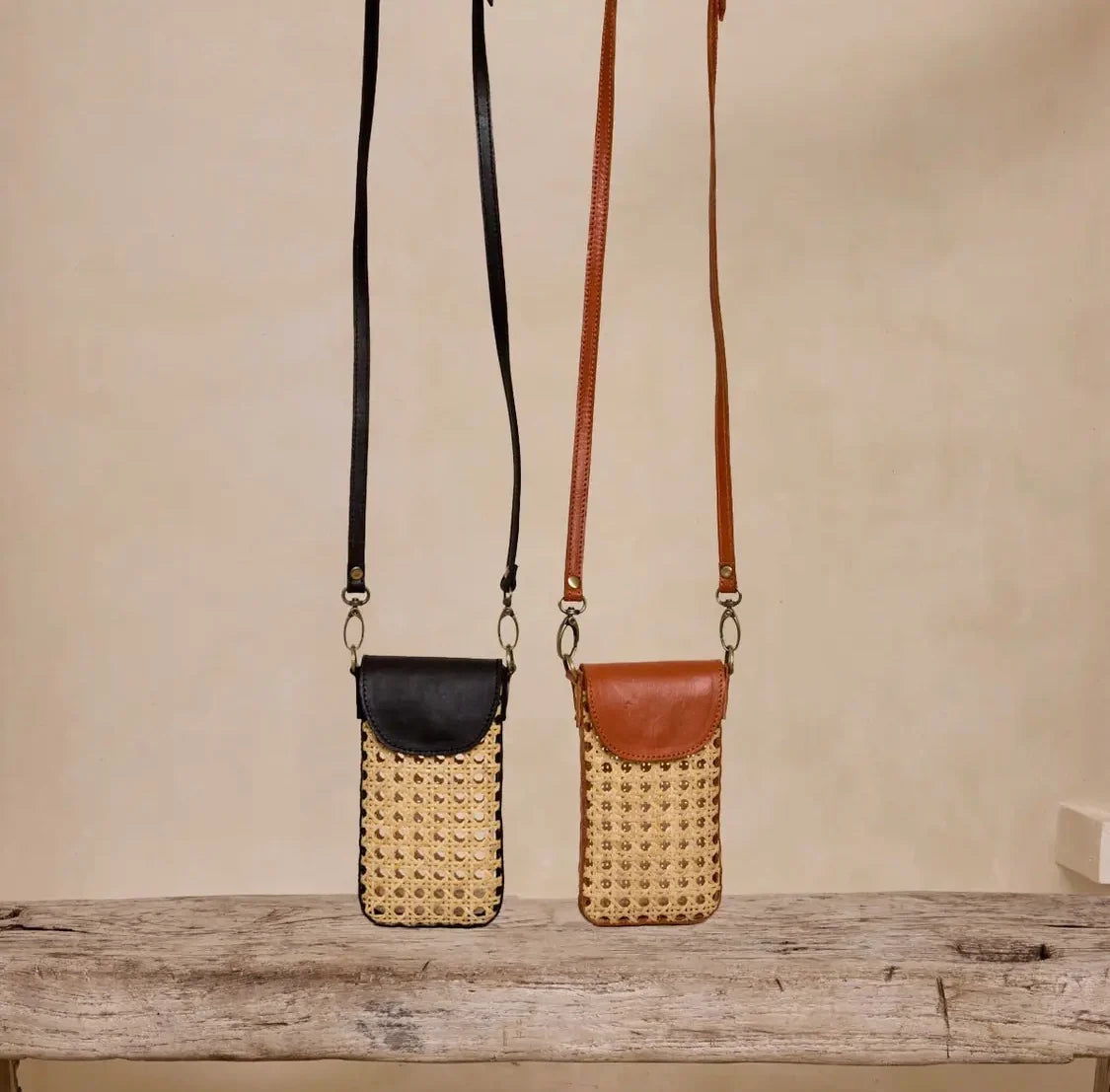 The Winding Road - Rattan Cane Weave Cell Crossbody Leather Trim