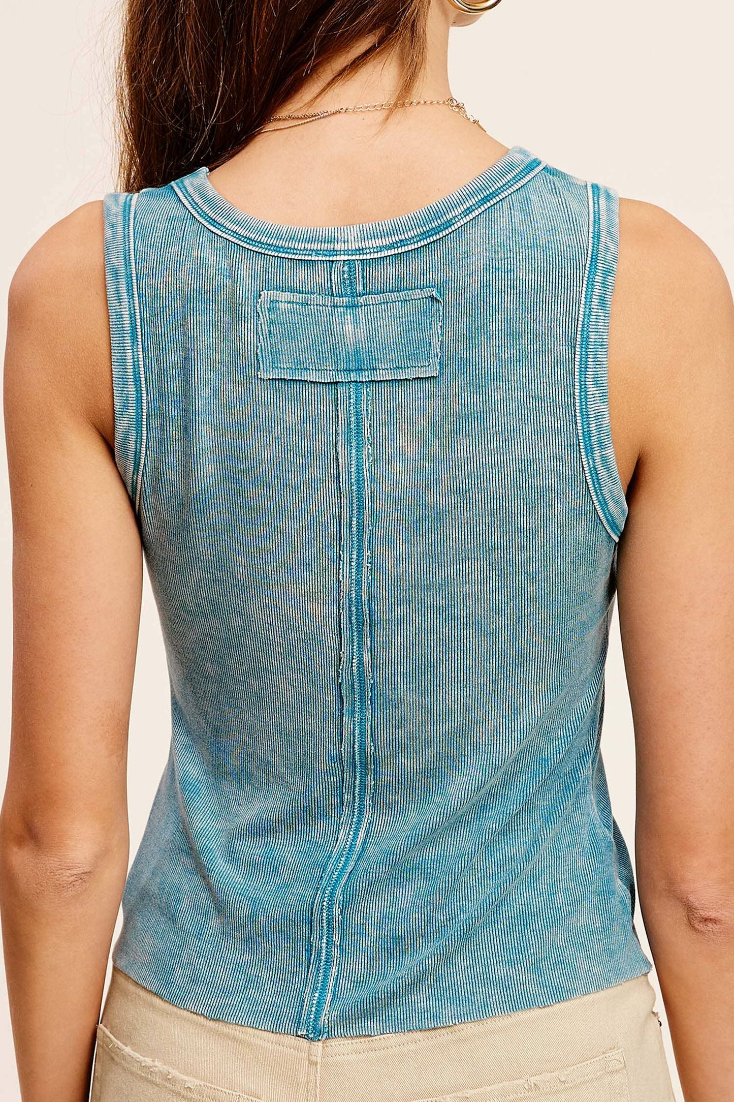 La Miel - Mineral Washed Back Patch Detail Breathable Tank Top
