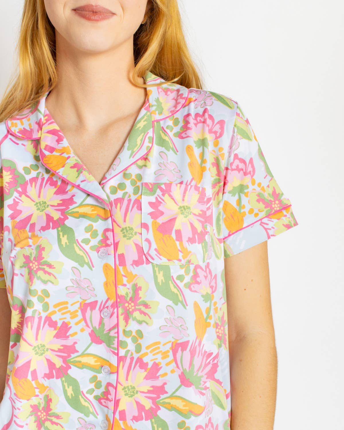 The Royal Standard - Summer Bouquet Short Sleeve Button Up Sleep Shirt   Pink/Blue/Multi