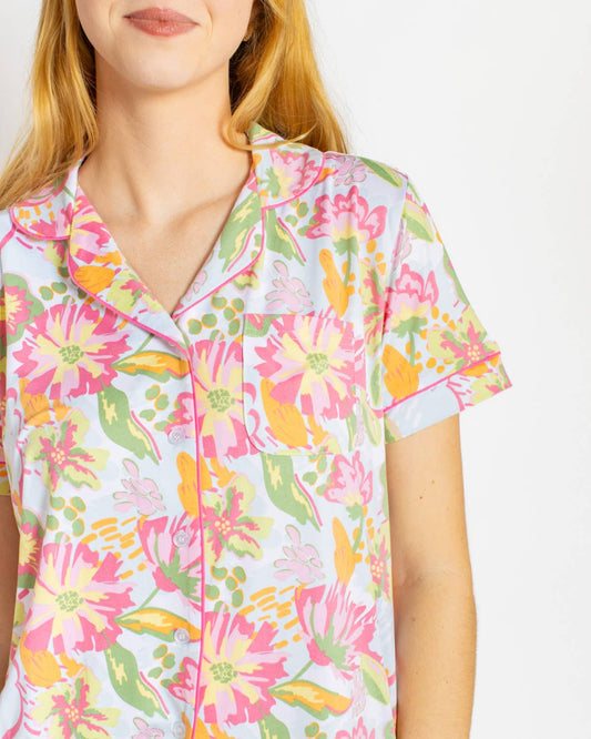 The Royal Standard - Summer Bouquet Short Sleeve Button Up Sleep Shirt   Pink/Blue/Multi