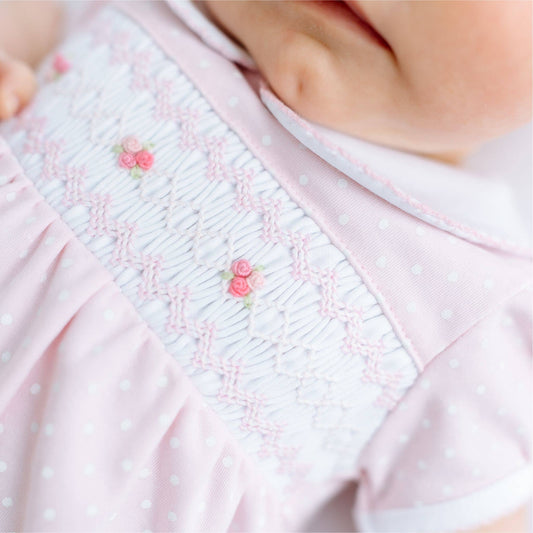 Magnolia Baby - Mia's Classics Smocked Short Sleeve Baby Bubble - Pink
